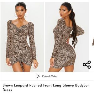 Brown Leopard Ruched Front Long Sleeve Bodycon Dress